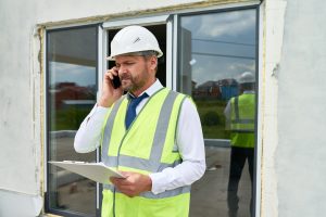 Waist up portrait of mature businessman speaking by phone on construction site  wearing hardhat and reflective vest